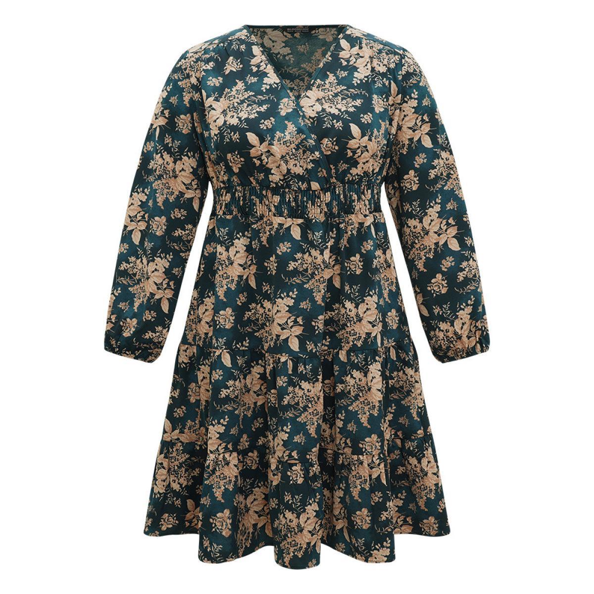 Plus Size Silhouette Floral Print Surplice Neck Shirred Dress Cyan Women Elegant Elastic cuffs V-neck Long Sleeve Curvy Midi Dress BloomChic 14-16/1X Product Image