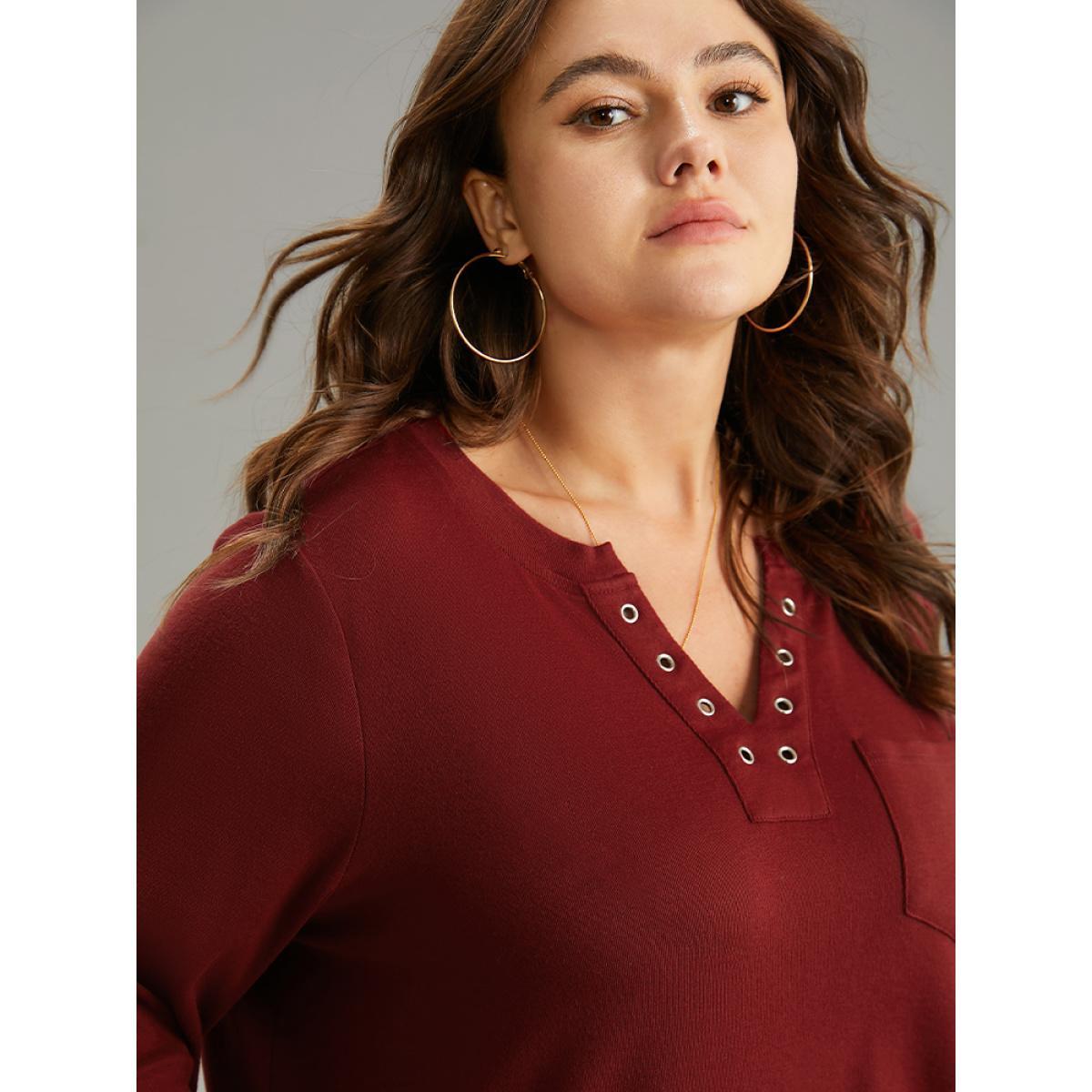 Plus Size Supersoft Essentials Solid Eyelets Notched T-shirt Scarlet Women Casual Plain Plain Notched collar Dailywear T-shirts BloomChic 14-16/1X Product Image