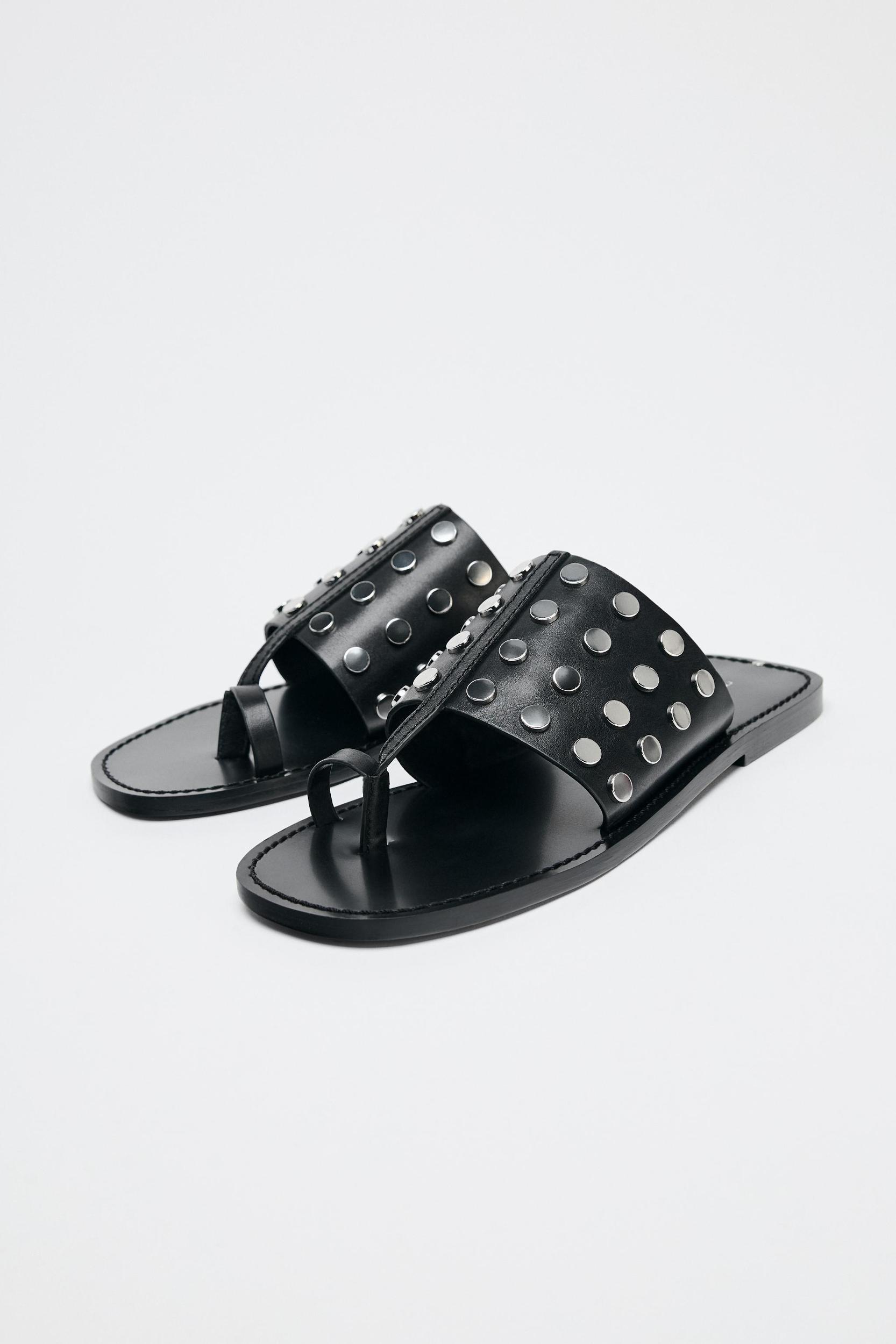 STUDDED FLAT LEATHER SANDALS Product Image