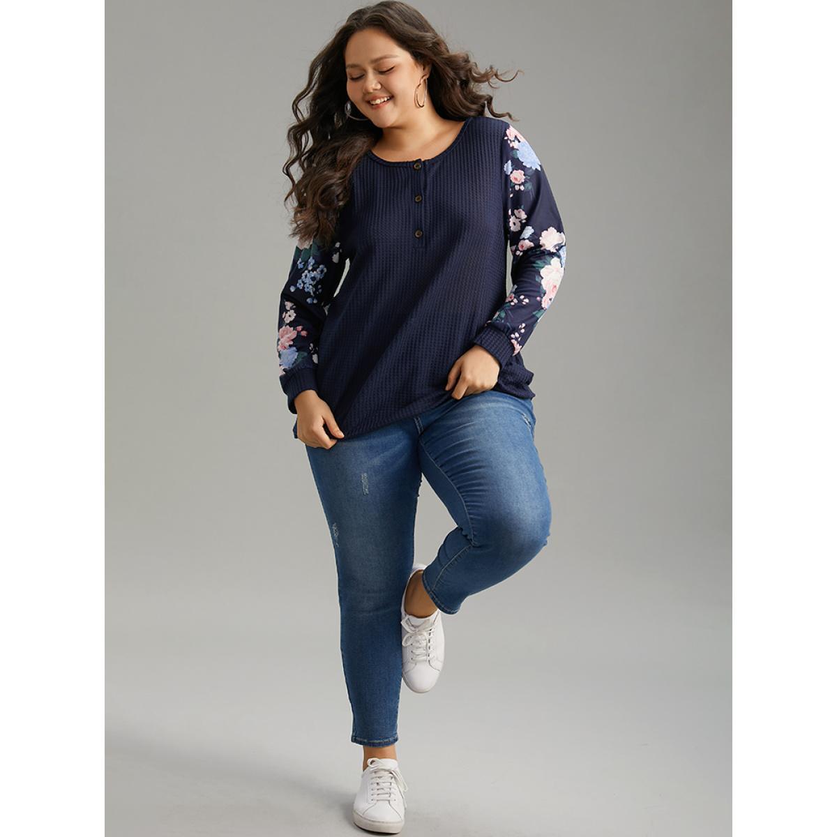 Plus Size Waffle Knit Floral Patchwork Button Up T-shirt Blue Women Casual Printed Floral Open Front Loose Dailywear T-shirts BloomChic 10/M Product Image