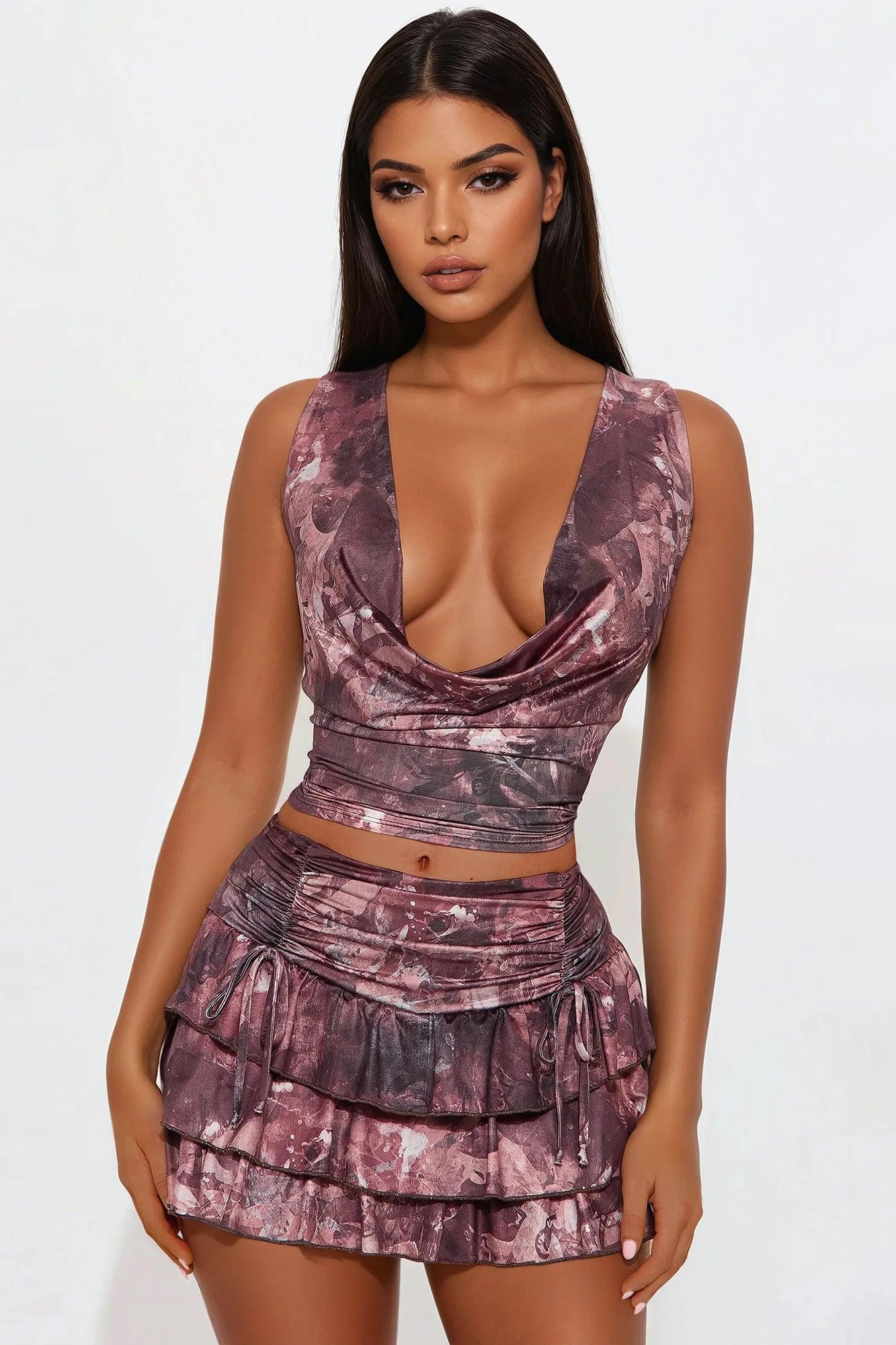 Leila Cowl Halter And Skirt Set - Brown/combo Product Image