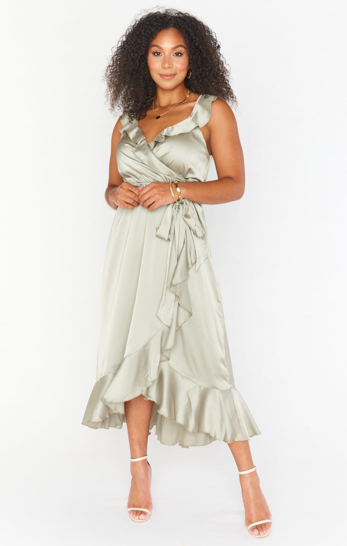 Samantha Ruffle Wrap Dress ~ Rose Gold Luxe Satin Product Image