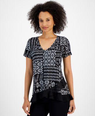 Jm Collection Womens Short Sleeve Patchwork Ruffled Tee, Created for Macys Product Image