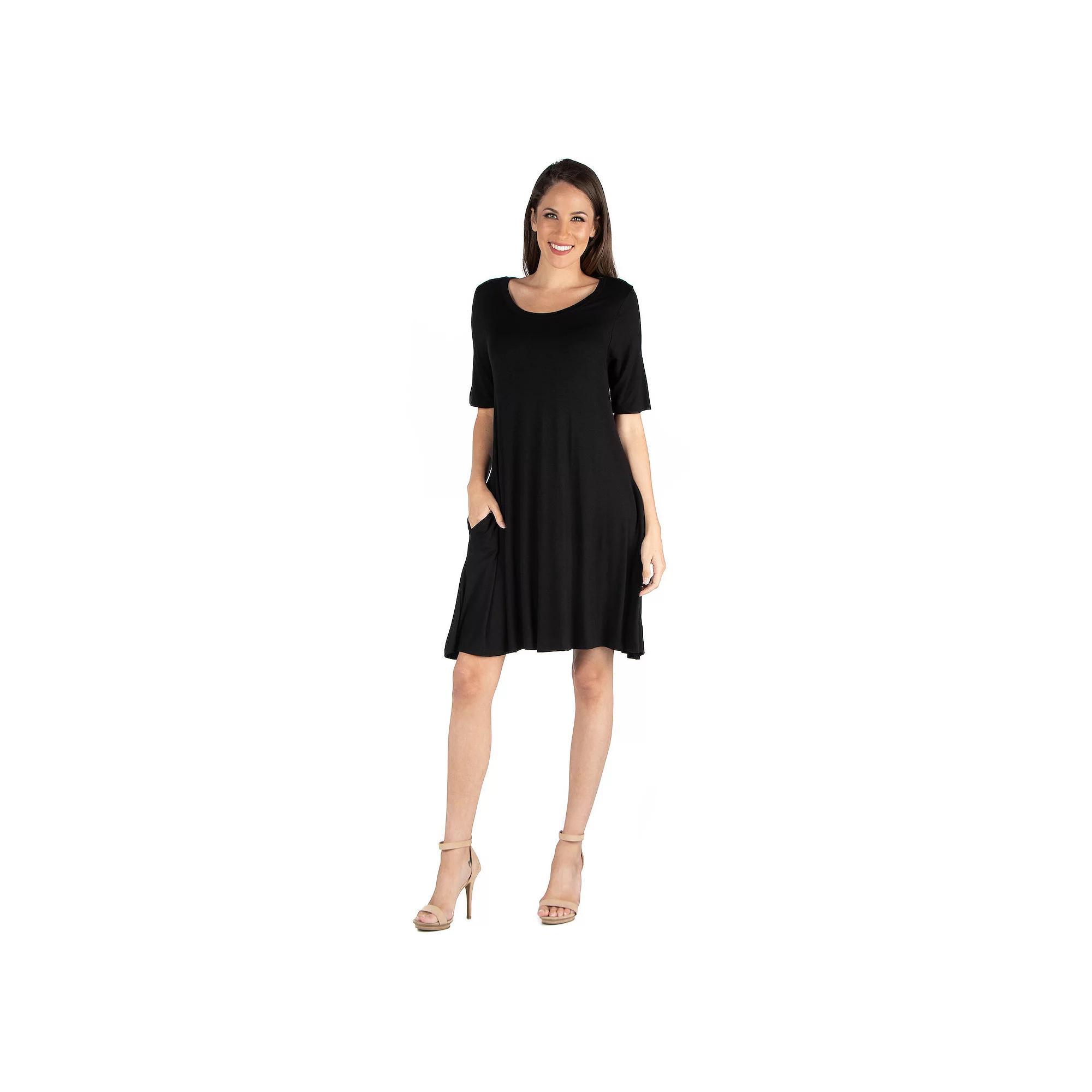 Women's 24seven Comfort Apparel Roundneck Flared Shirtdress with Pockets, Size: 1XL, Black Product Image