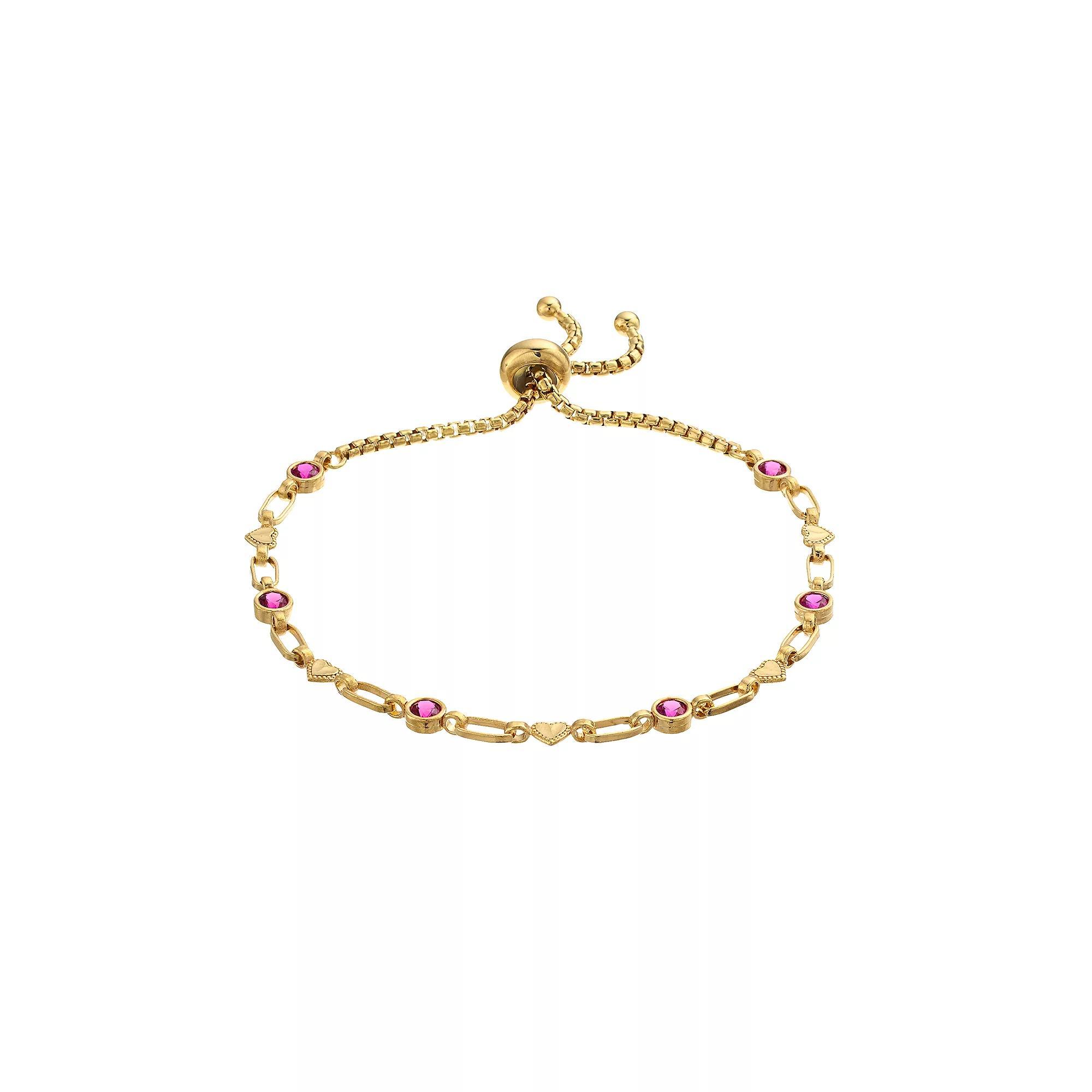 Kristen Kesho Sterling Silver Lab-Created Ruby & Heart Link Adjustable Bolo Bracelet, Women's, Size: 9.50, Gold Tone Product Image