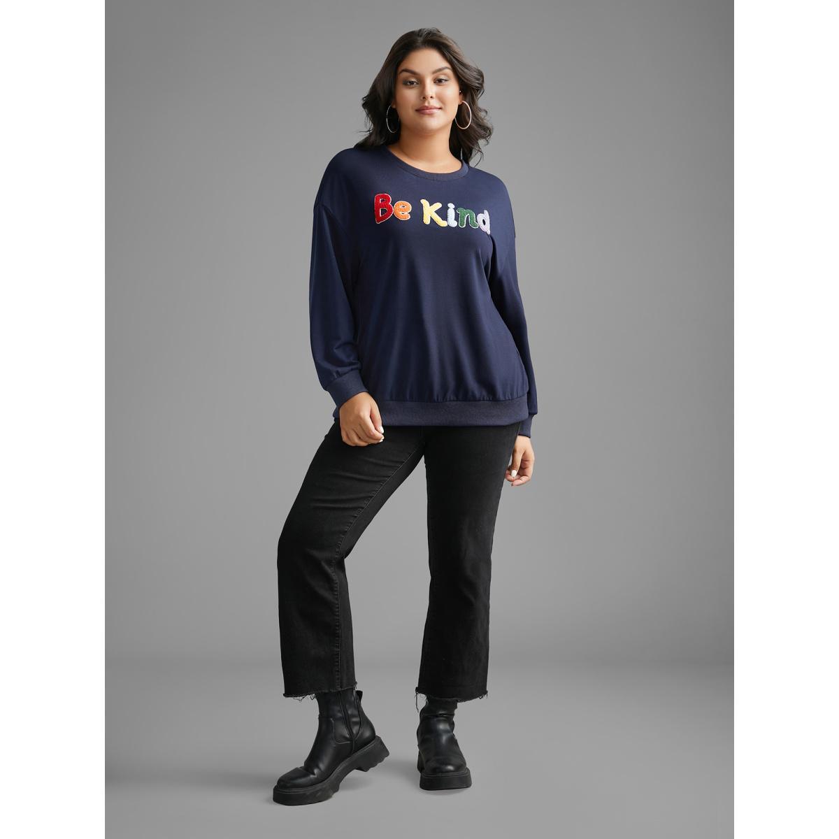 Plus Size Be Kind Towel Embroidered Sweatshirt Women Indigo Casual Embroidered Round Neck Everyday Sweatshirts BloomChic 26/4X Product Image