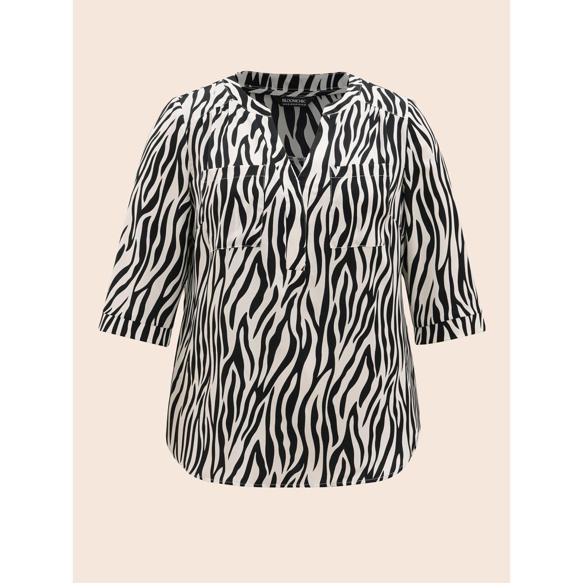 Plus Size Beige Zebra Print Notched Patched Pocket Blouse Women Workwear Essentials Elbow-length sleeve V-neck Work Blouses BloomChic 18-20/2X Product Image