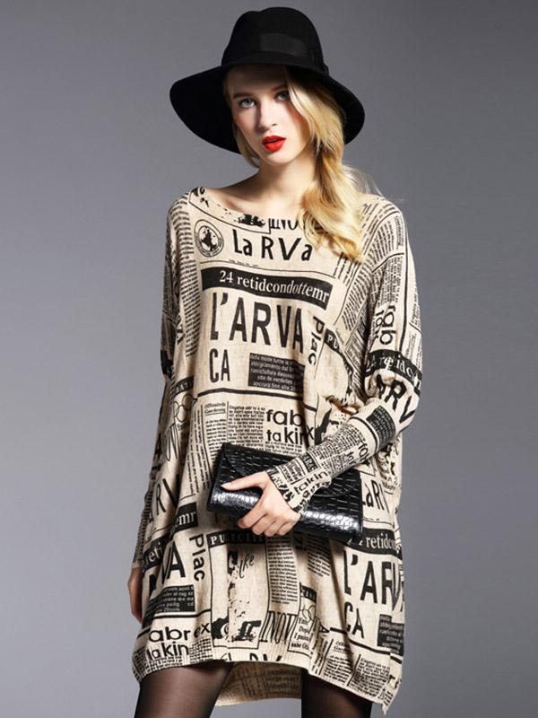 Vintage Loose One-Shoulder Newspaper Printed Split-Joint Sweater Product Image