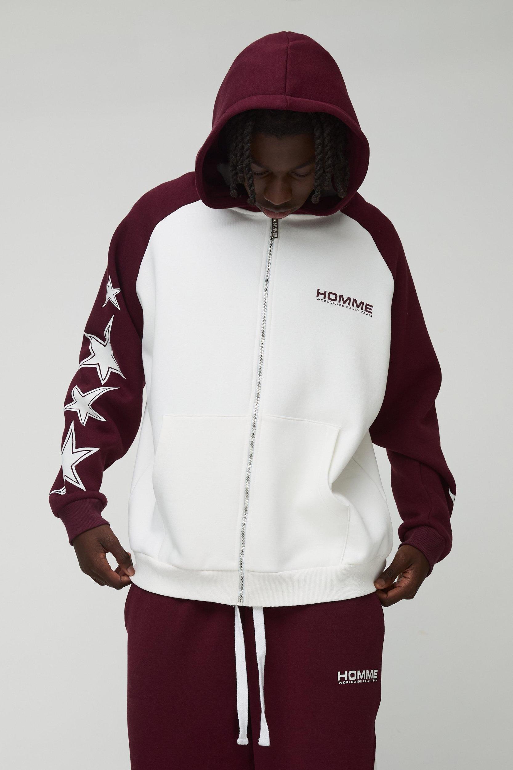 Oversized Raglan Homme Star Gusset Zip Through Hooded Tracksuit | boohooMAN USA Product Image