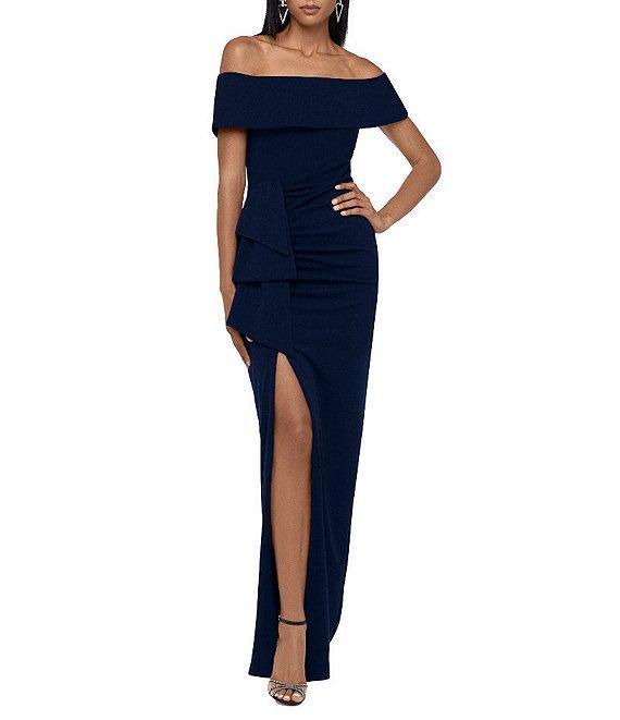 Xscape Off-the-Shoulder Ruched Ruched Waist Scuba Crepe Thigh High Slit Gown Product Image