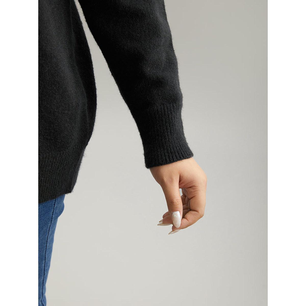 Plus Size Anti-Pilling Rhinestone Drop Shoulder Pullover Black Women Casual Loose Long Sleeve V-neck Dailywear Pullovers BloomChic 28/5X Product Image