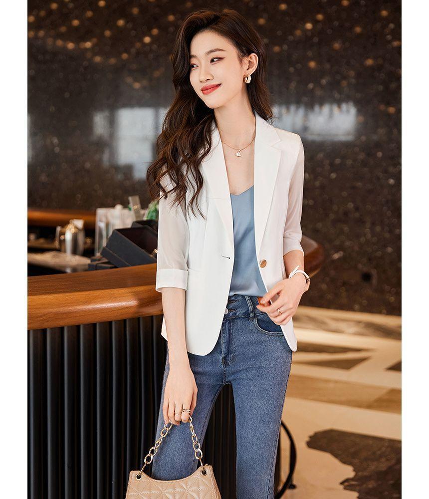 Elbow-Sleeve Plain Single-Button Blazer Product Image