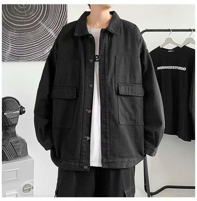 Washed Button-Up Denim Jacket Product Image