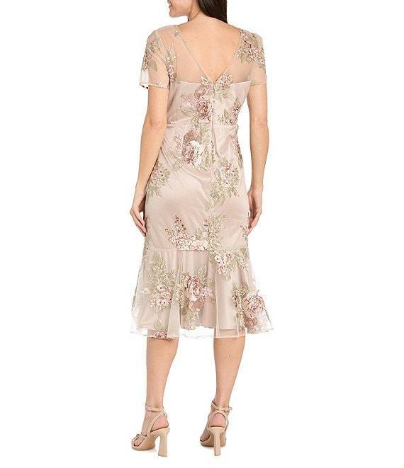 R & M Richards Petite Size Embroidered Floral Crew Neck Short Sleeve Flounce Hem Midi Dress Product Image