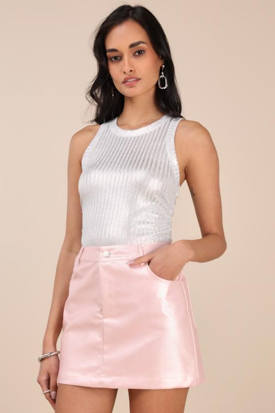 Raziela Pink Coated Vegan Leather Mid-Rise Micro Mini Skirt Product Image