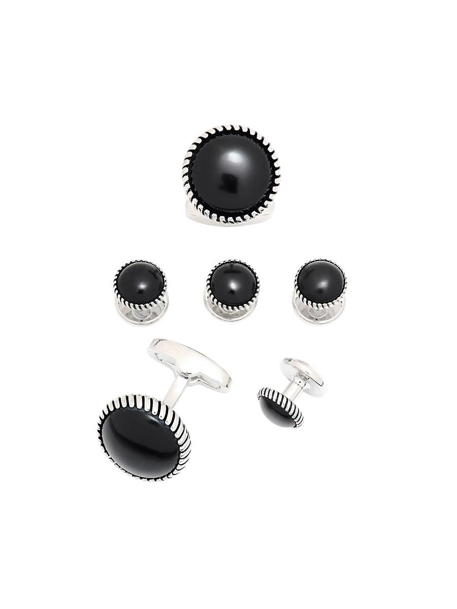 Link Up Onyx Inlay Rhodium Plated Round Stud & Cufflink Set Product Image