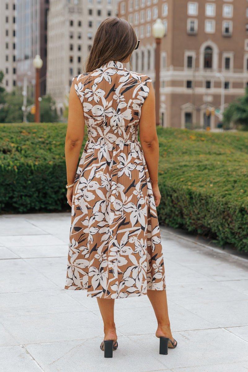 Brown Floral Zip Up Midi Dress - FINAL SALE Product Image