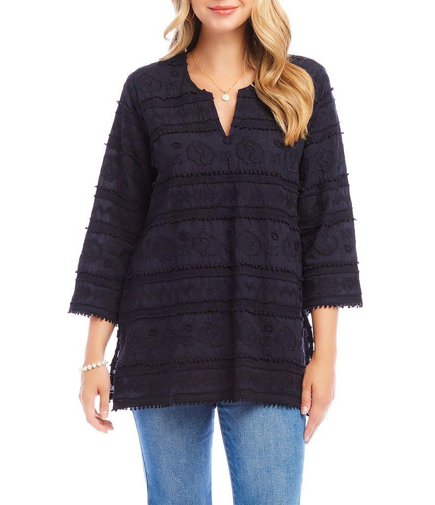 Karen Kane Embroidered Split-Neck 3/4 Flare Sleeve Tunic Product Image
