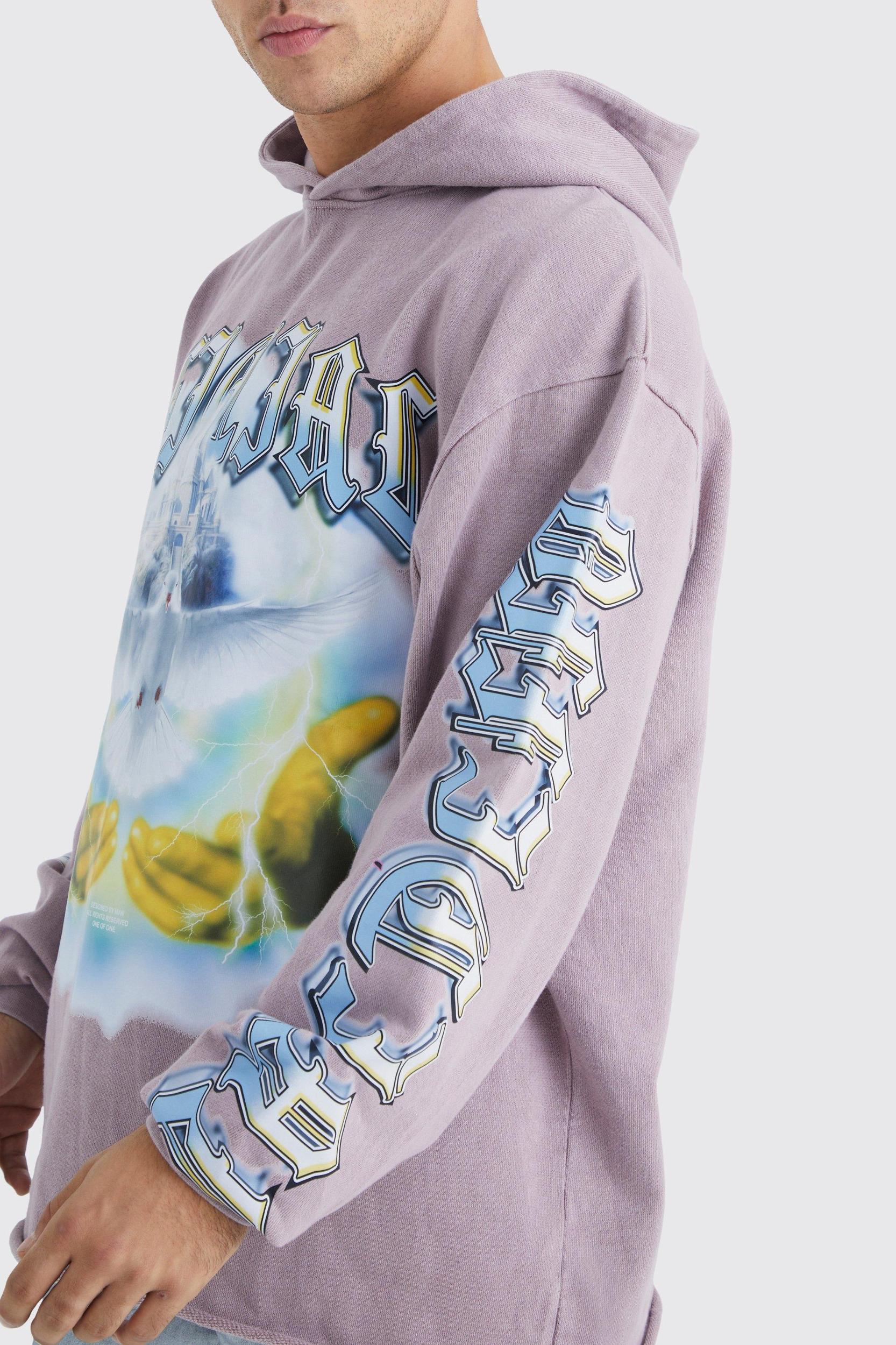 Oversized Raw Hem Washed Loopback Graphic Hoodie | boohooMAN USA Product Image