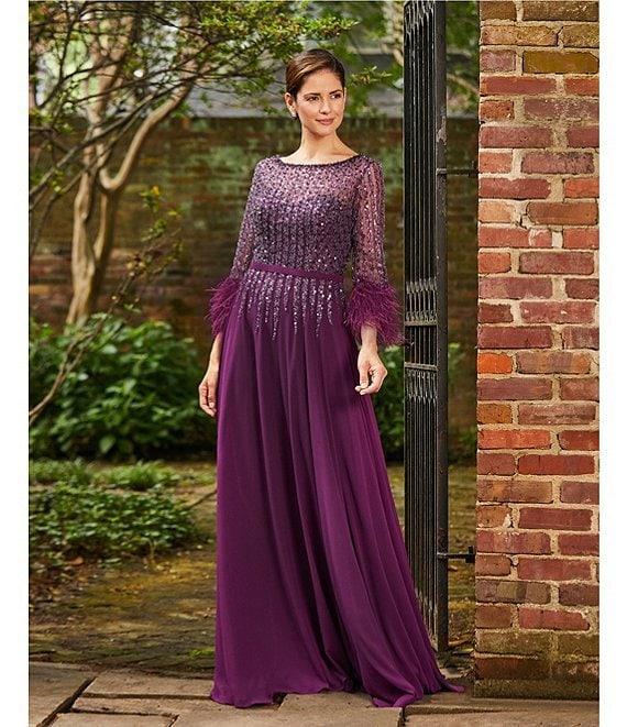 Terani Couture Chiffon Beaded Sequin Boat Neck Long Sleeve Feather Trim Gown Product Image