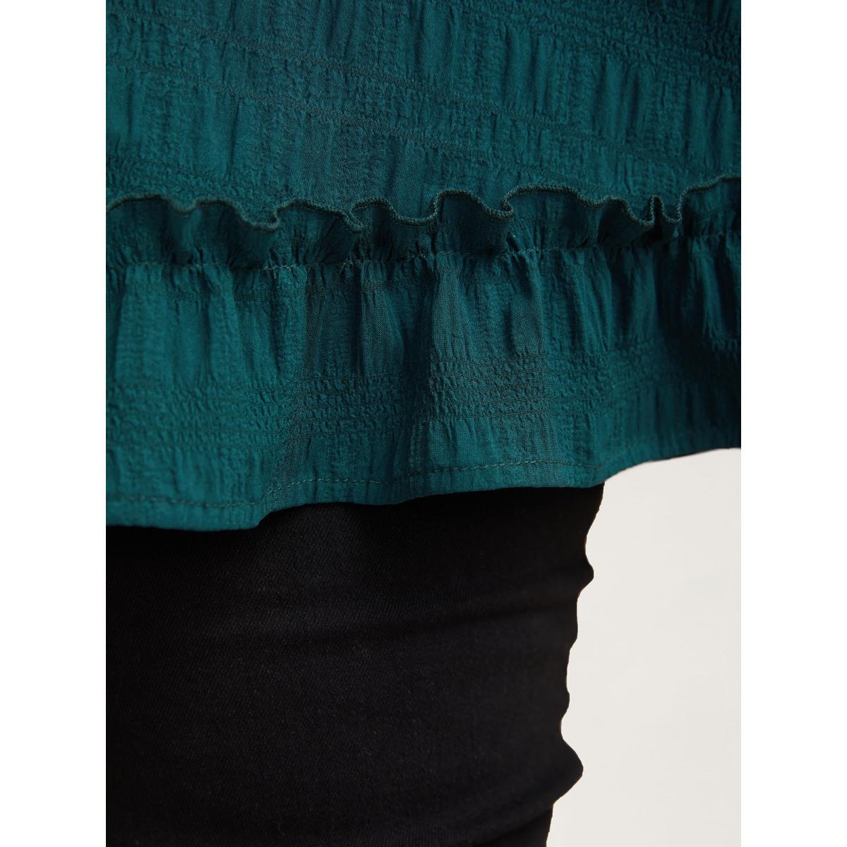 Plus Size Cyan Textured Spliced Ruffle Edge Top Women Casual Short sleeve Round Neck Everyday Blouses BloomChic 18-20/2X Product Image