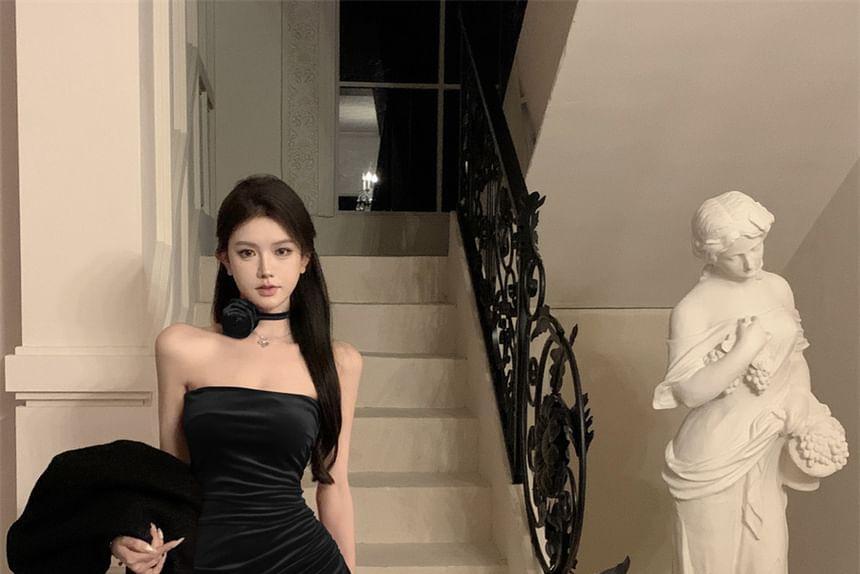 Plain Asymmetrical Velvet Mini Bodycon Tube Dress Product Image