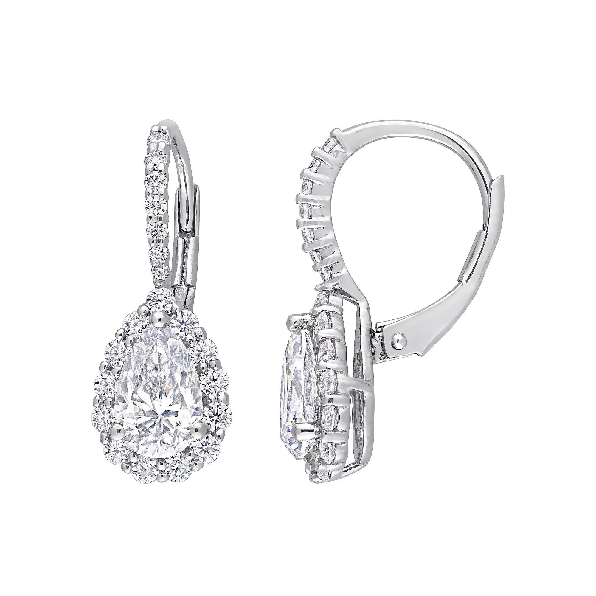Stella Grace Sterling Silver 2 5/8 Carat T.W. Lab-Created Moissanite Teardrop Halo Leverback Earrings, Women's Product Image