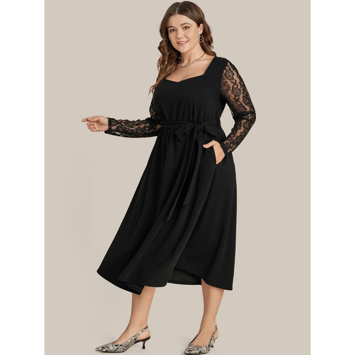 Plus Size Solid Pocket Lace Belted Flutter Dress Black Women Elegant Cut-Out V-neck Long Sleeve Curvy Midi Dress BloomChic 12/L Product Image