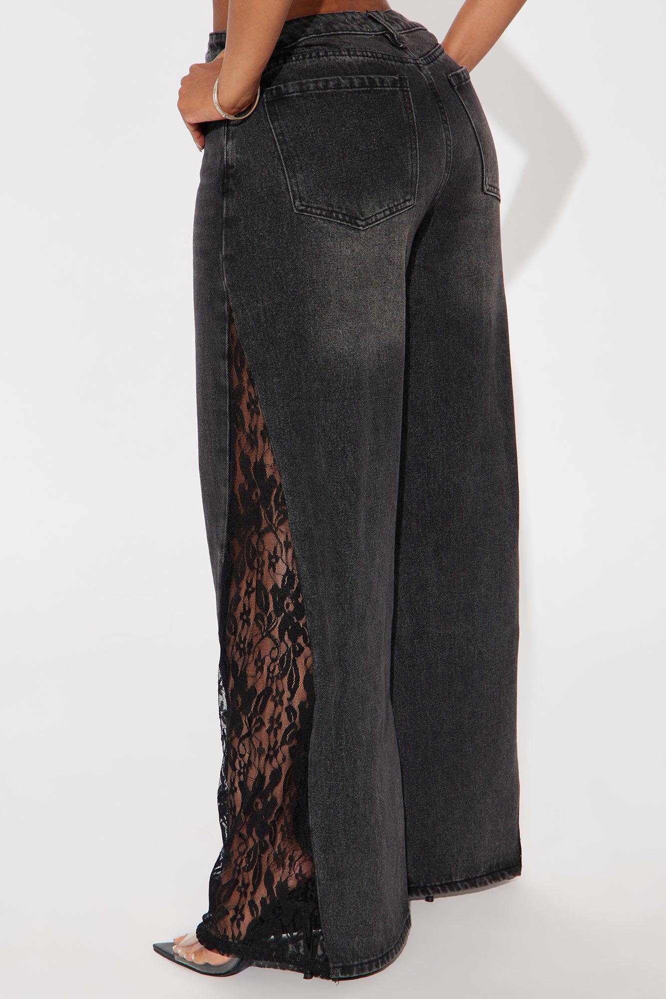 She's So Sweet Lace Trim Wide Leg Jeans - Black Wash Product Image