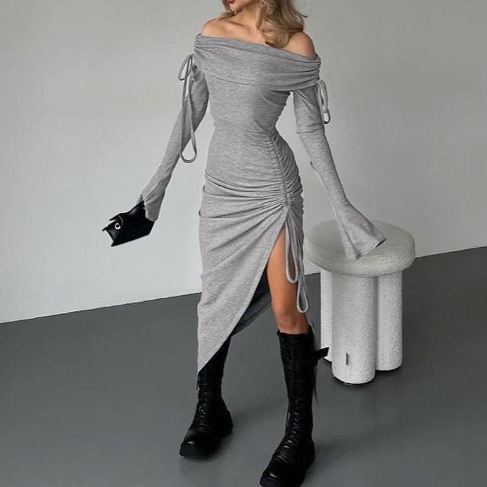 Off-Shoulder Long-Sleeve Plain Bow Slit Midi Bodycon Dress Product Image