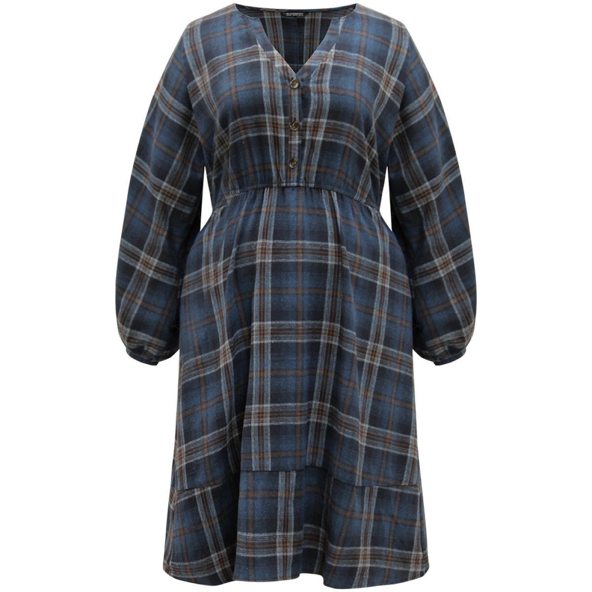 Plus Size Plaid Notched Button Up Lantern Sleeve Dress Aegean Women Casual Elastic cuffs Notched collar Long Sleeve Curvy Midi Dress BloomChic 18-20/2X Product Image