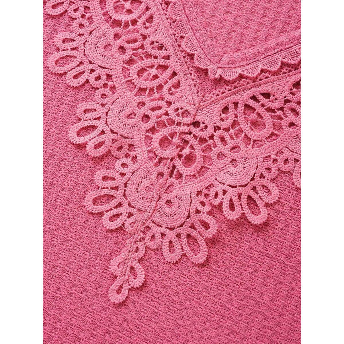 Plus Size Solid Waffle Knit Lace Panel T-shirt RedViolet Women Elegant Woven ribbon&lace trim V-neck Everyday T-shirts BloomChic 12/L Product Image