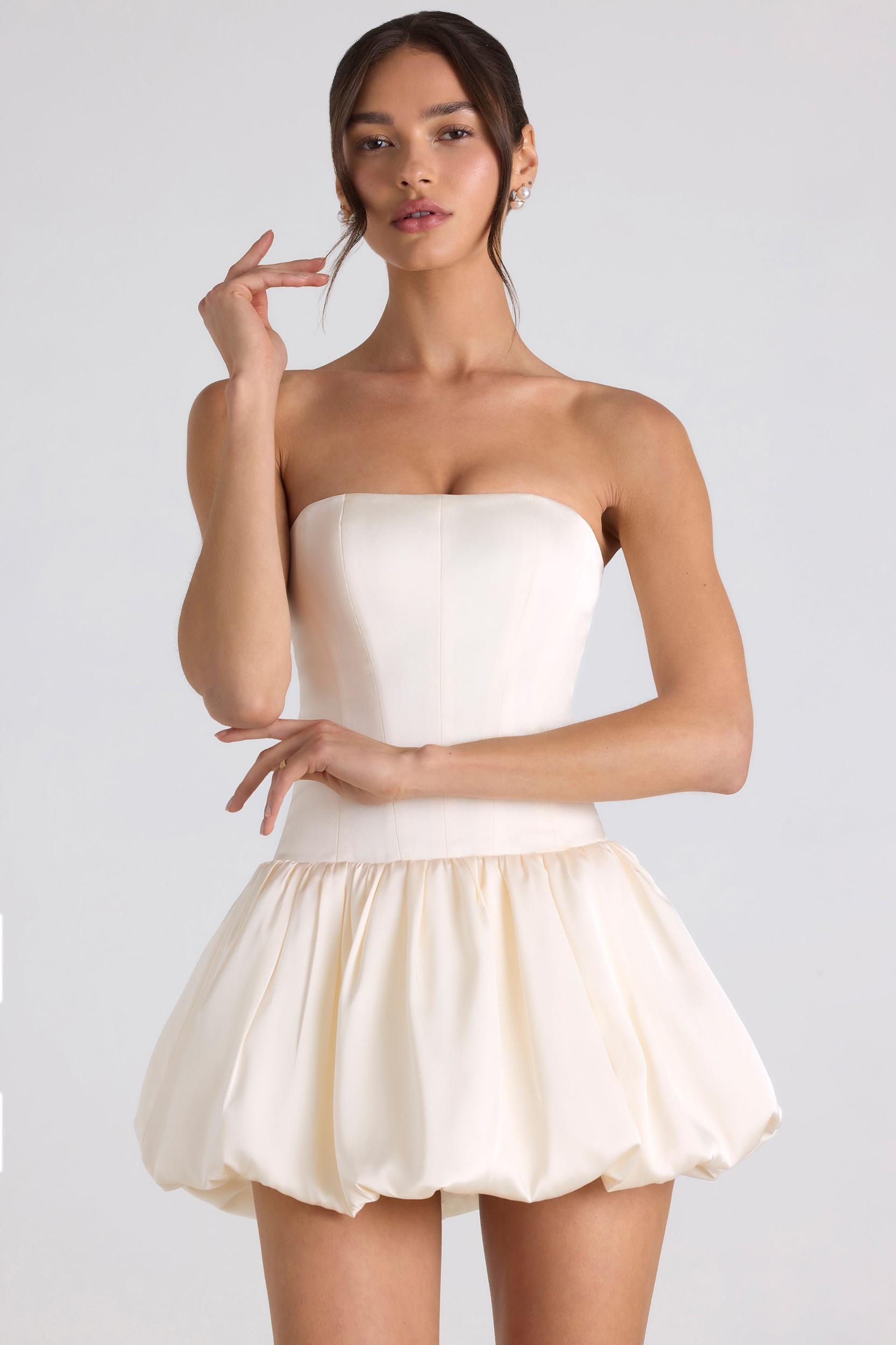 Lace-Up Bubble Hem Corset Mini Dress in Ivory Product Image