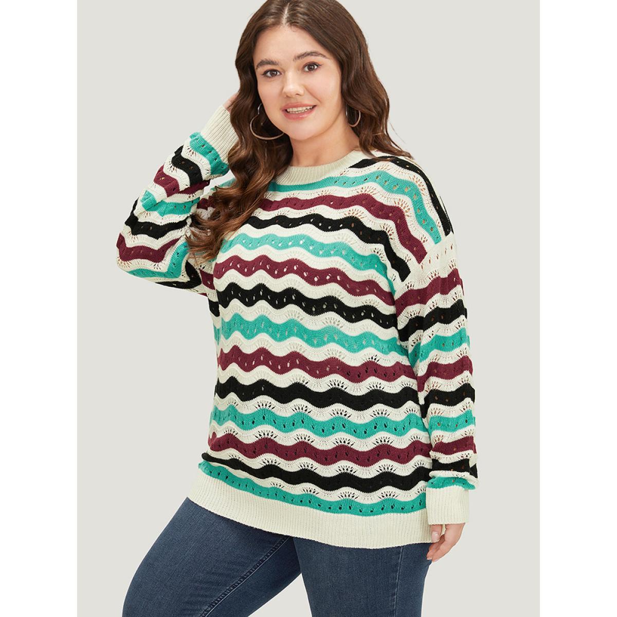 Plus Size Contrast Water Ripple Cut Out Elastic Cuffs Pullover Multicolor Women Casual Loose Long Sleeve Round Neck Dailywear Pullovers BloomChic 30/6X Product Image