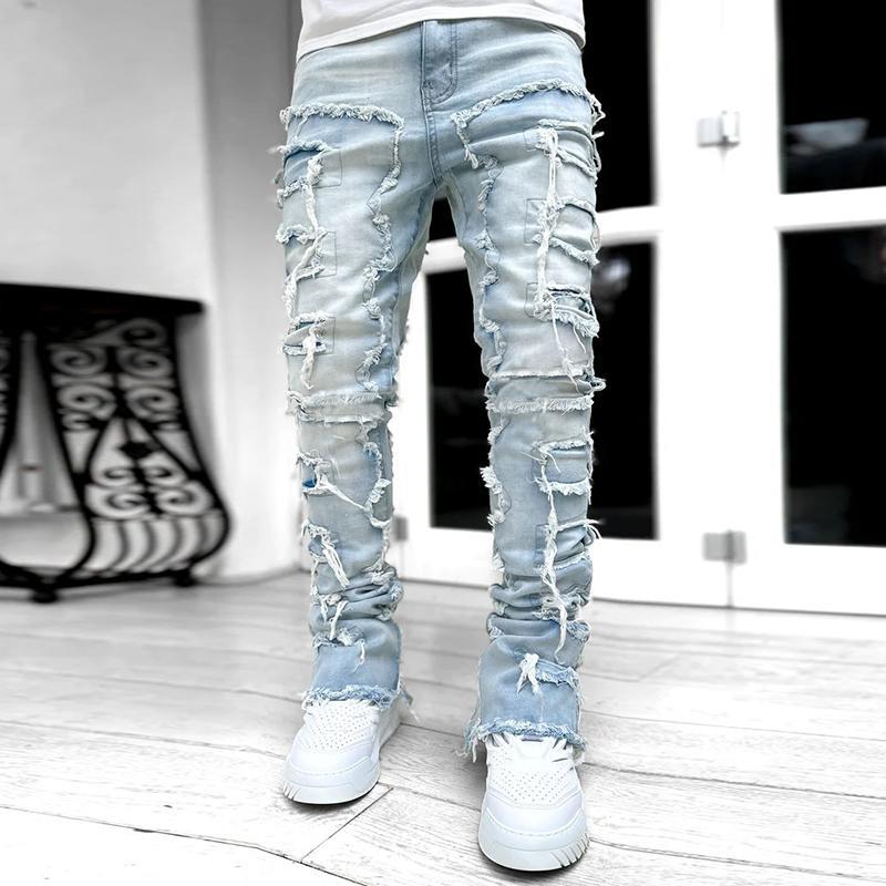 Unisex Men's Hiphop Fashion Elastic Patch Denim Straight Pants Product Image