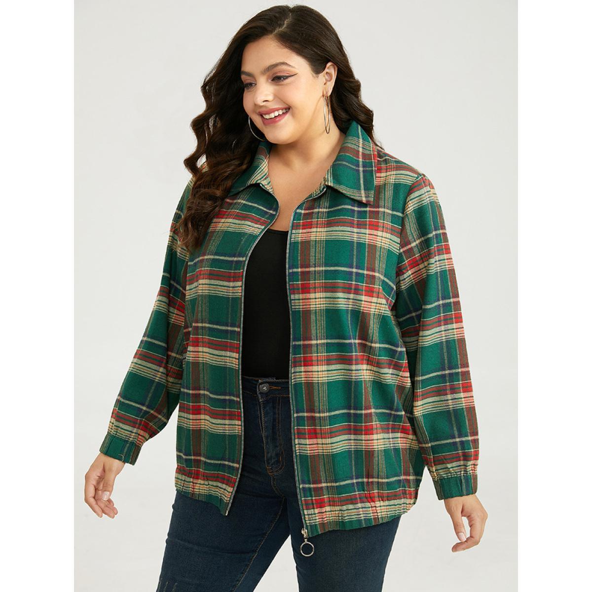 Plus Size Plaid Contrast Zipper Pocket Jacket Women Emerald Elastic cuffs Pocket Dailywear Jackets BloomChic 12/L Product Image