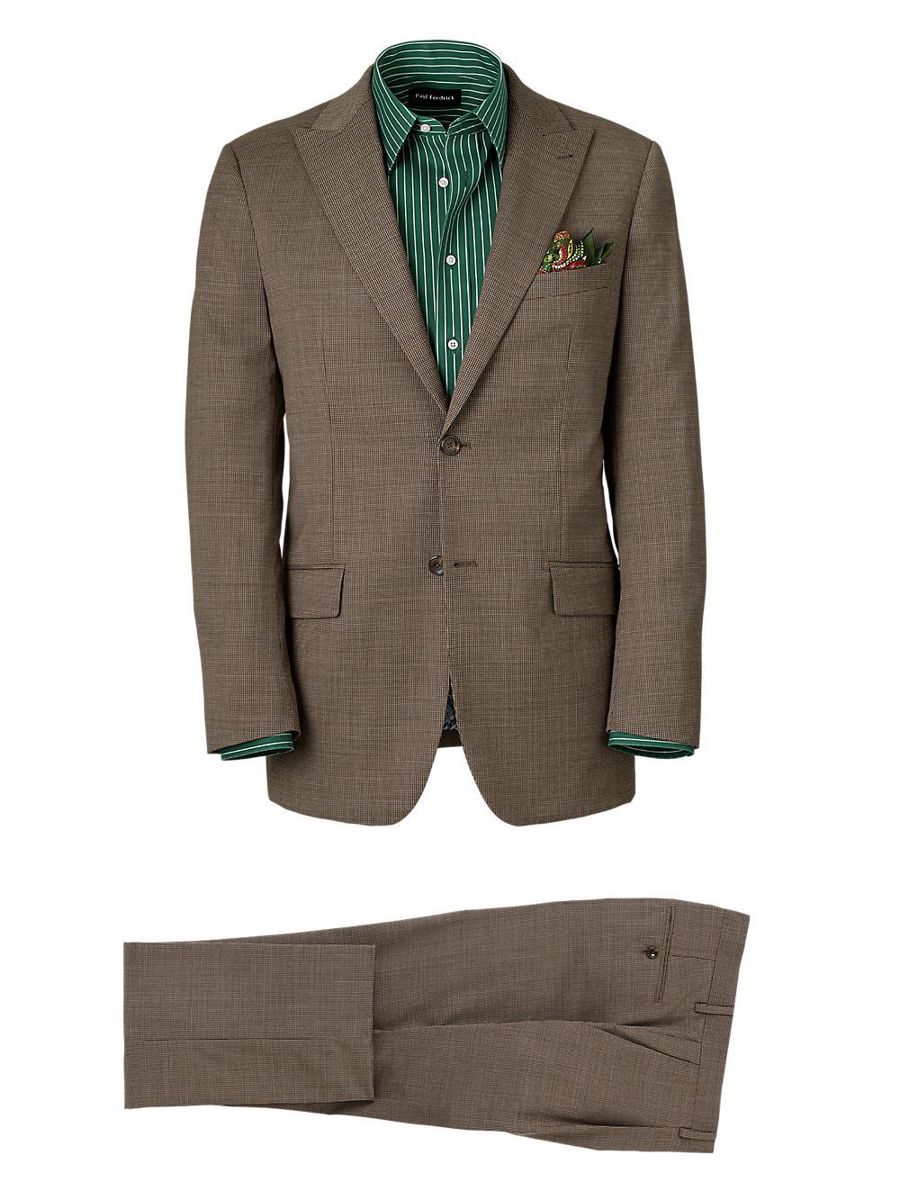Wool Stretch Micro Check Single Breasted Peak Lapel Suit - Light Brown Product Image