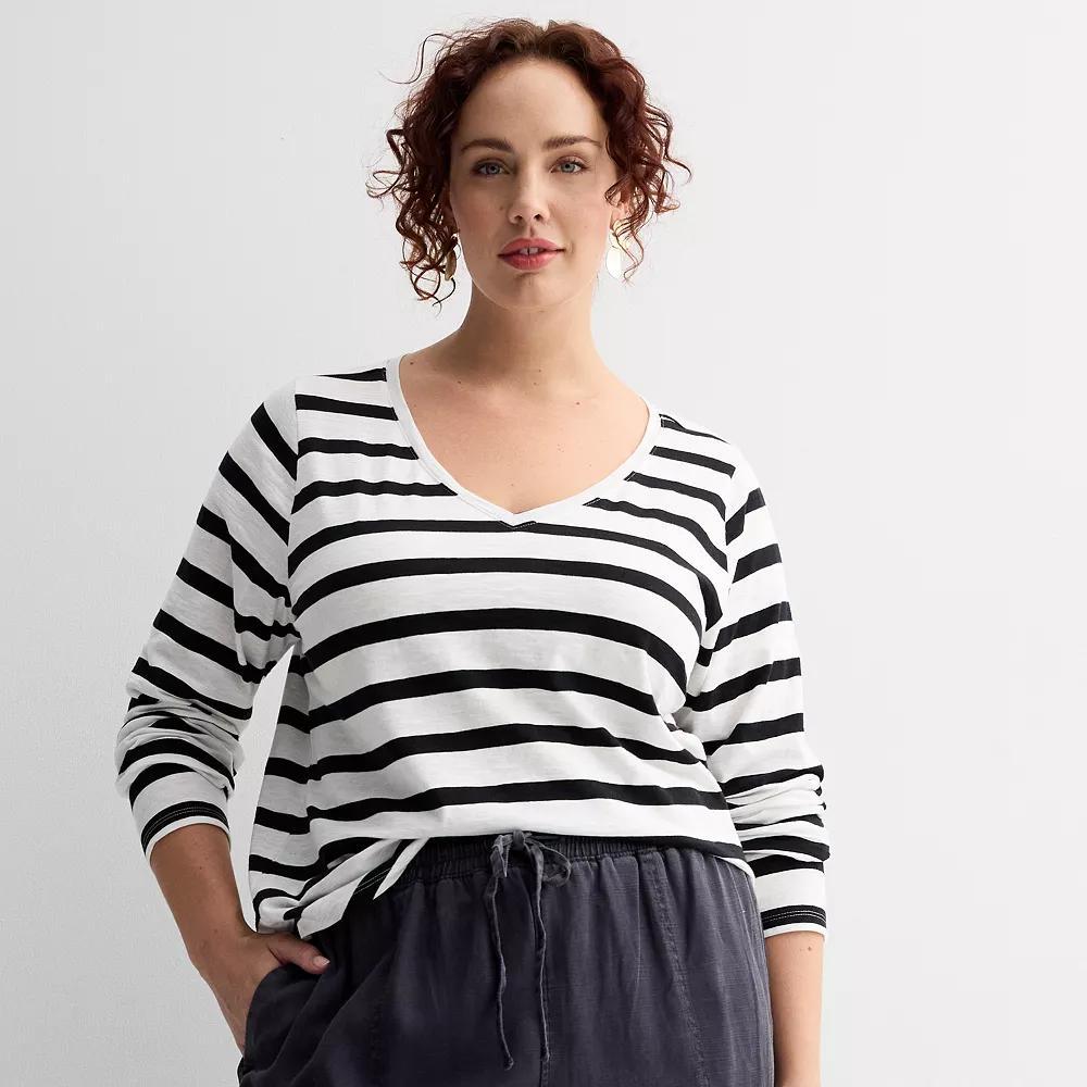 Plus Size Sonoma Goods For Life® Everyday Long Sleeve V-Neck Tee, Women's, Size: 0X, Black Ecru Stripe Product Image
