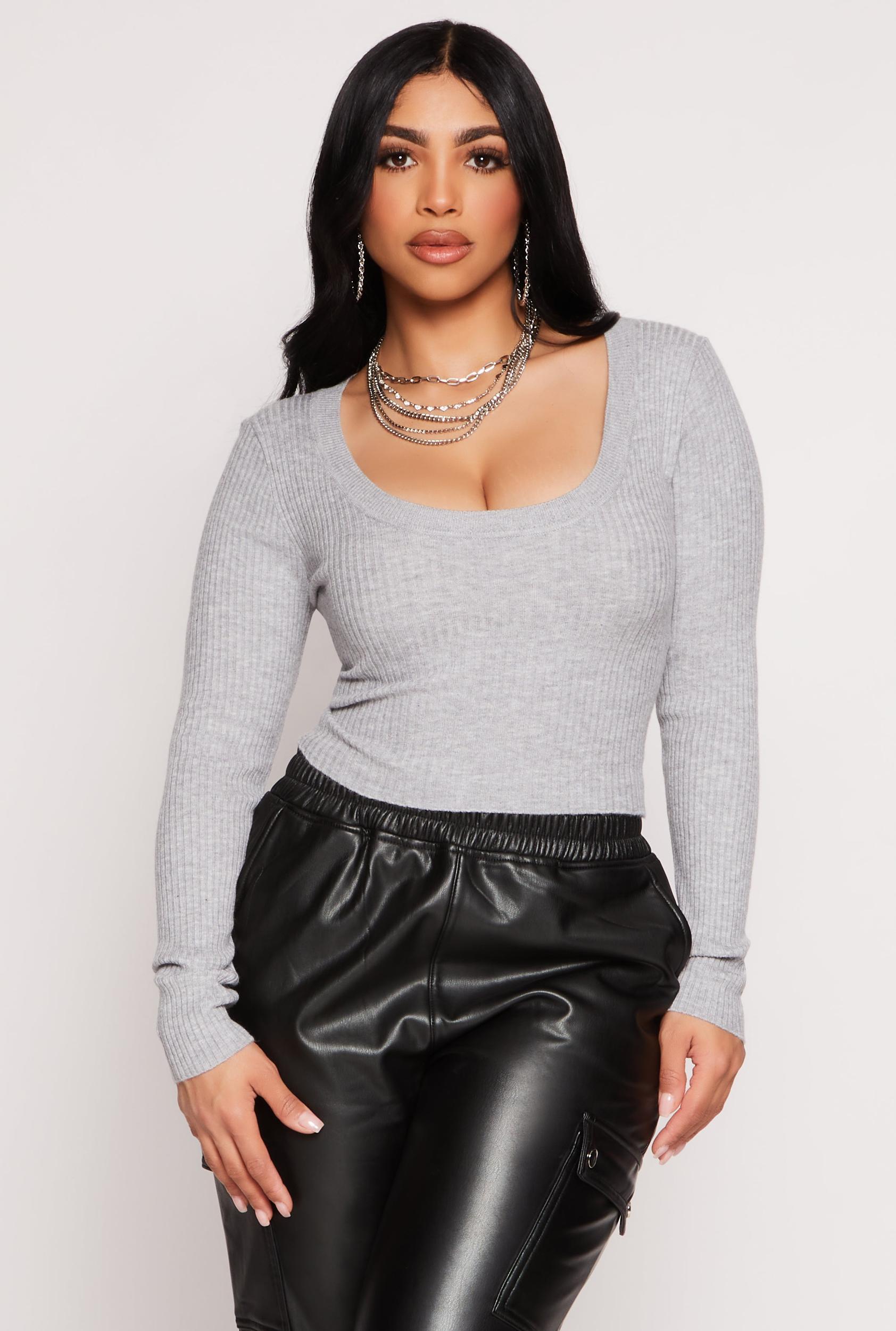 Womens Rib Knit Scoop Neck Long Sleeve Crop Top Product Image