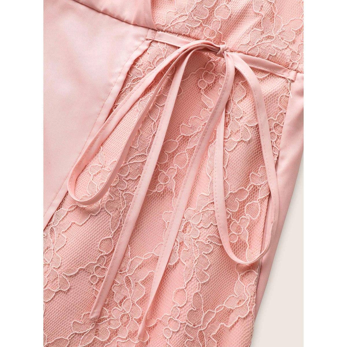 Plus Size Solid Lace Patchwork Tie Knot Midi Dress Blush Women Elegant Woven ribbon&lace trim V-neck Sleeveless Curvy BloomChic 26/4X Product Image