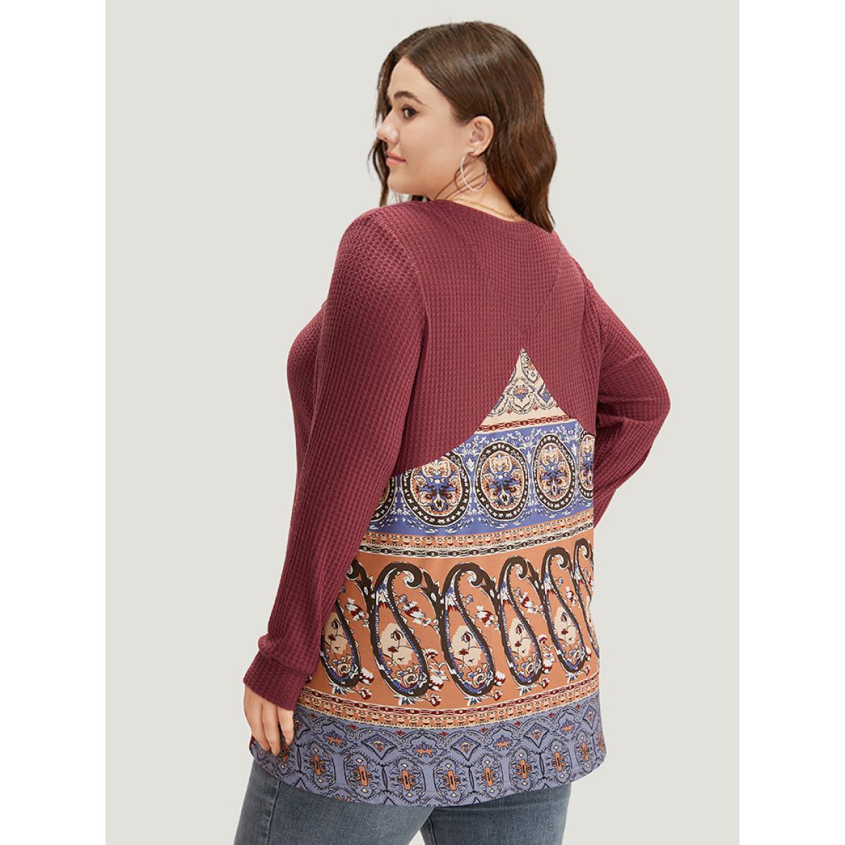 Plus Size Bandana Patchwork Crew Neck Elastic Cuffs Sweatshirt Women Russet Casual Round Neck Everyday Sweatshirts BloomChic 18-20/2X Product Image