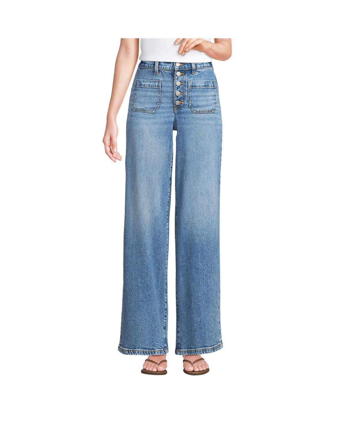 Lands' End Women's Denim High Rise Button Front Patch Pocket Wide Leg Jeans Product Image