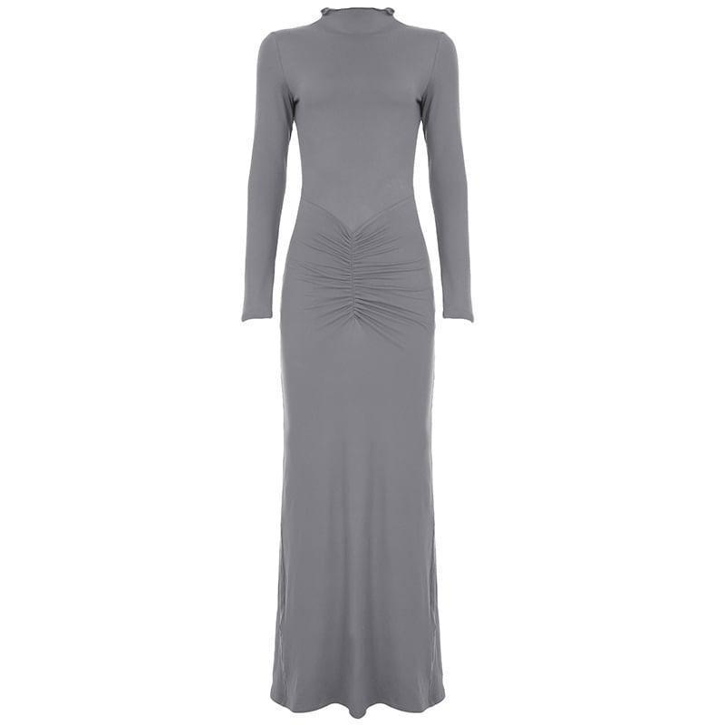 Long Sleeve Mock Neck Plain Ruched Maxi Bodycon Dress Product Image