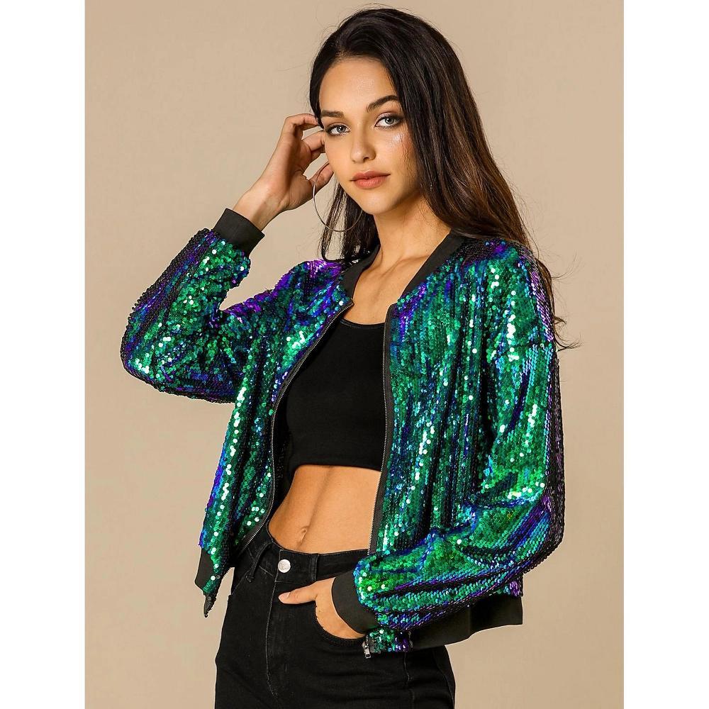 INSPIRE CHIC Women's Party Sequin Sparkle Long Sleeve Cropped Length Zipper Bomber Jacket Product Image