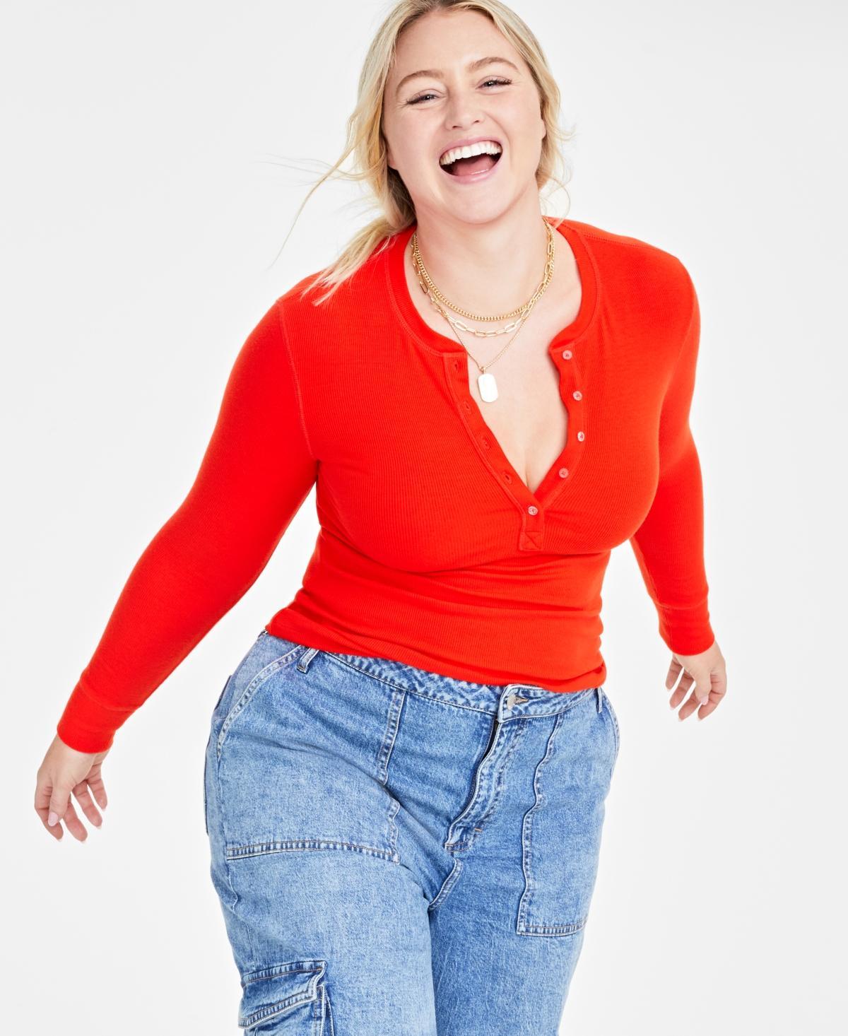On 34th Womens Ribbed Long-Sleeve Henley Top, Created for Macys Product Image