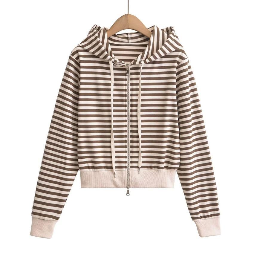 Drawstring Striped Zip Cropped Hoodie Product Image