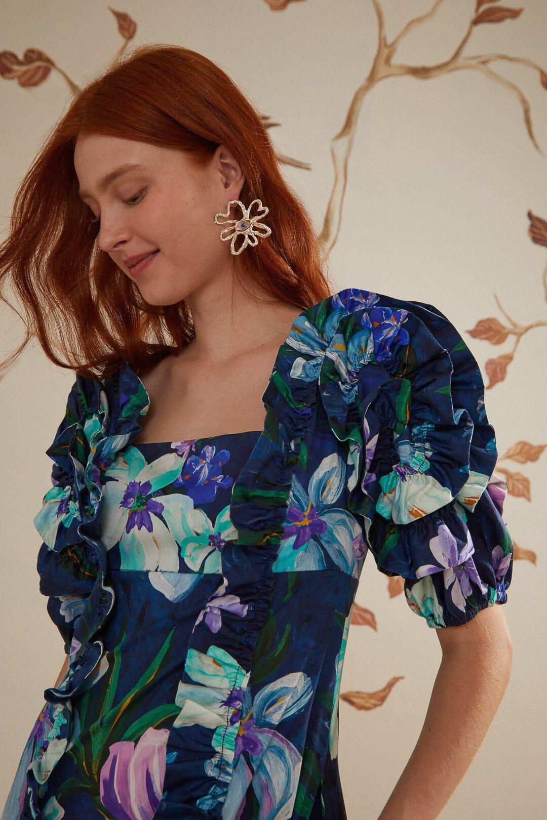 Floraline Ruffle Short Sleeve Midi Dress, FLORALINE BLUE / XL Product Image