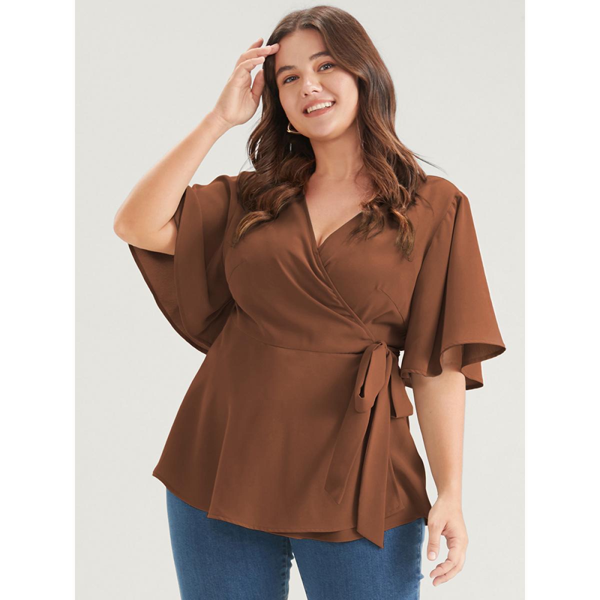 Plus Size Chocolate Plain Ruffles Button Belted Wrap Babydoll Blouse Women Elegant Short sleeve V-neck Dailywear Blouses BloomChic 12/L Product Image