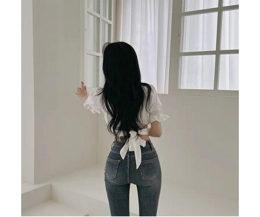 Short-Sleeve Square Neck Plain Crop Blouse Product Image