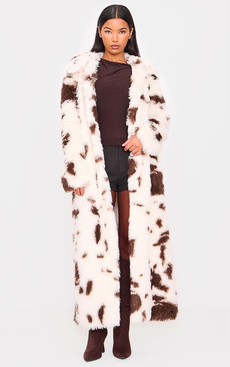 Cream Cow Print Shaggy Faux Fur Maxi Coat Product Image